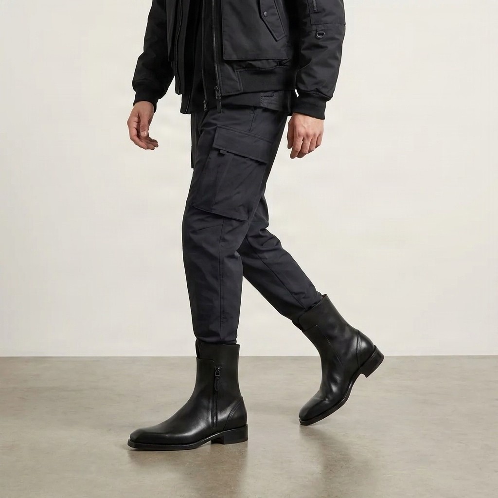 Men's black leather ankle boots pull tab
