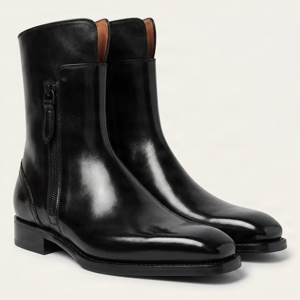 Black leather ankle boots pull tab for men