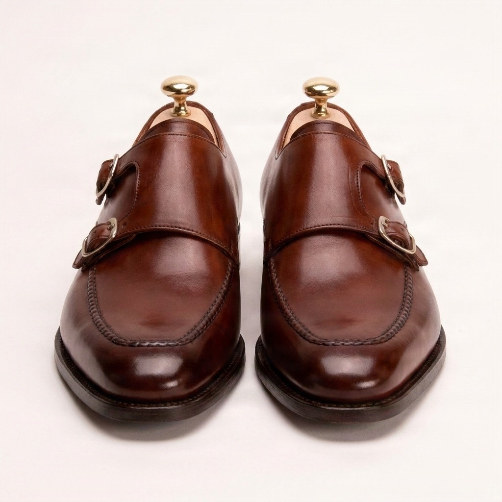 Men's leather double monk strap shoes apron toe in brown