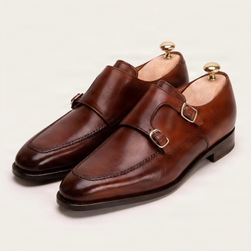 Brown leather double monk strap shoes apron toe