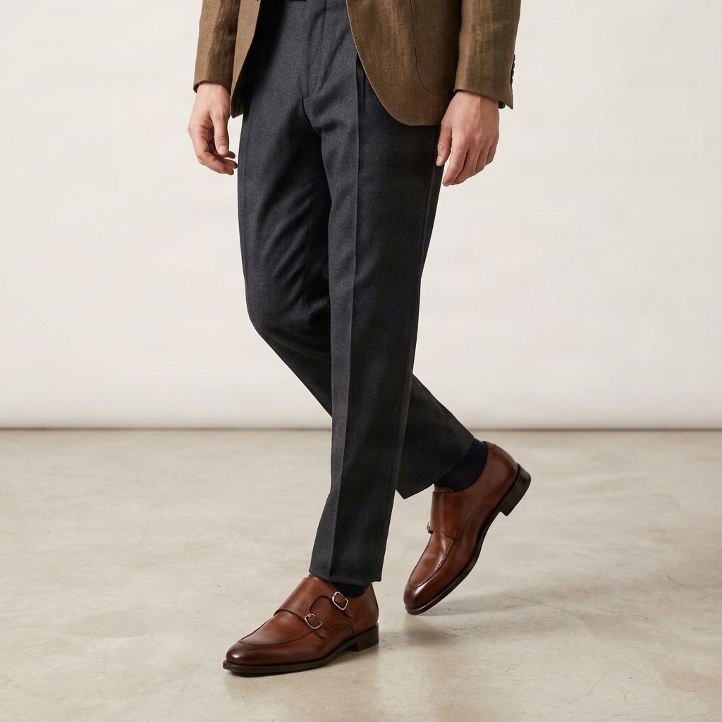 Brown leather double monk strap shoes apron toe for men