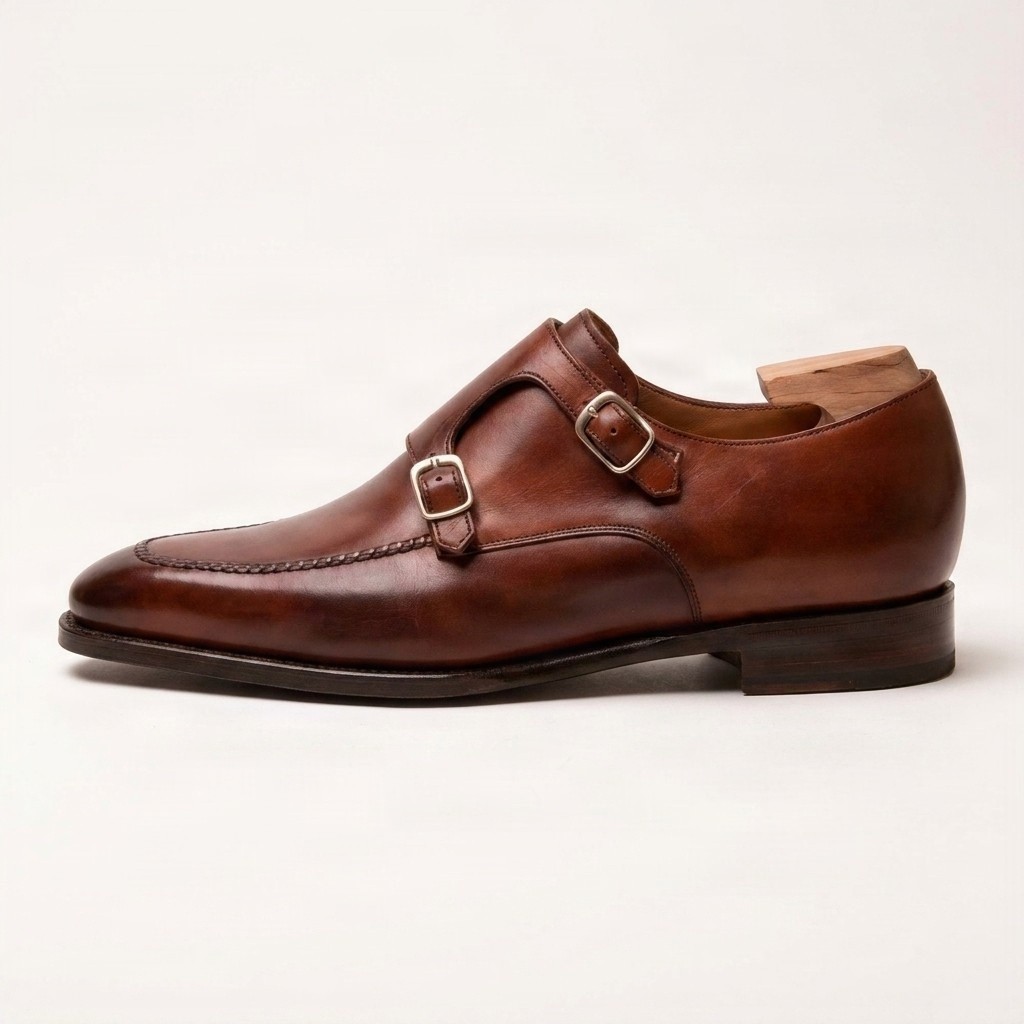Men's brown leather double monk strap shoes apron toe