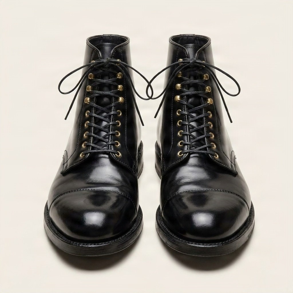 Black leather dress boots cap toe brass