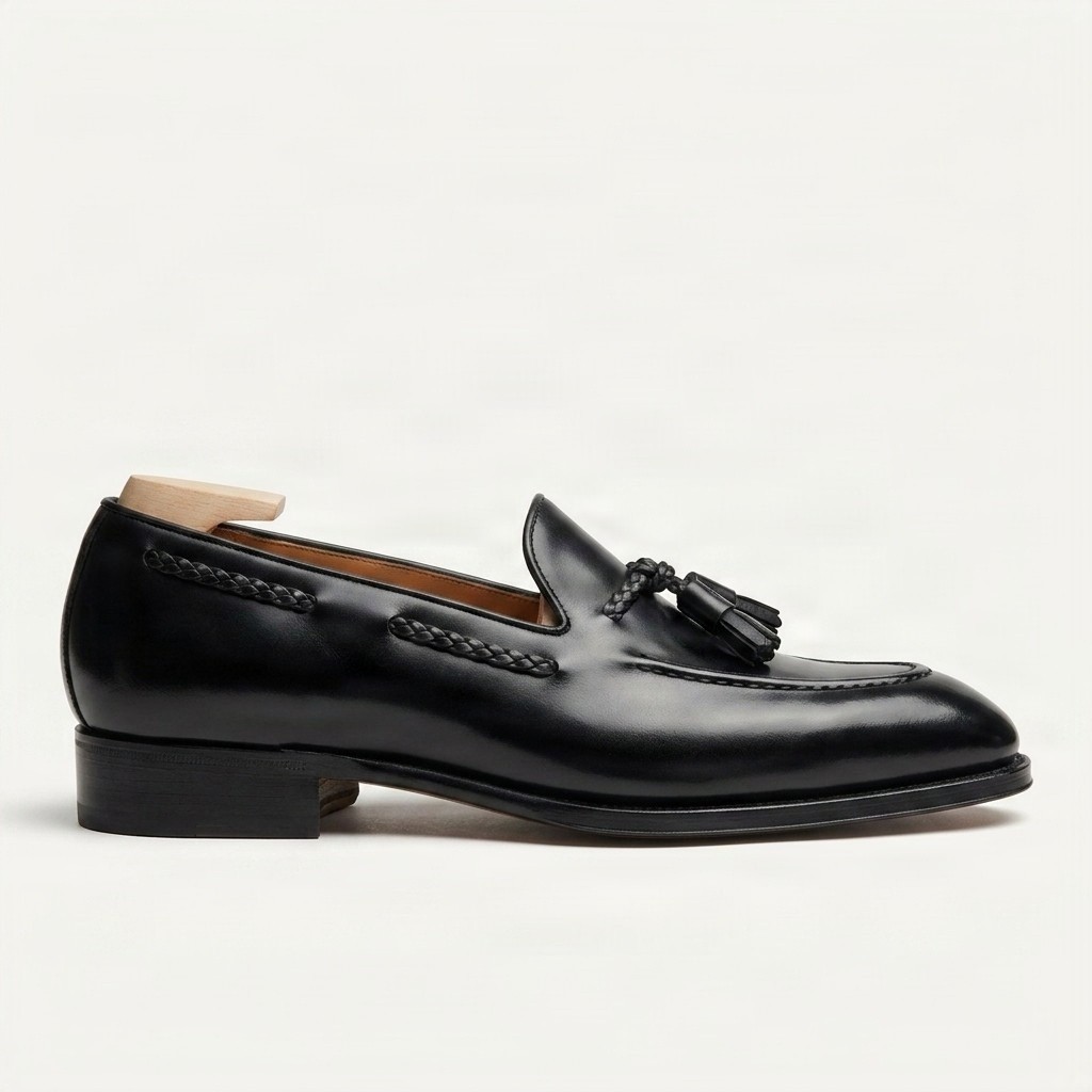 Men's patent leather tassel loafers in black