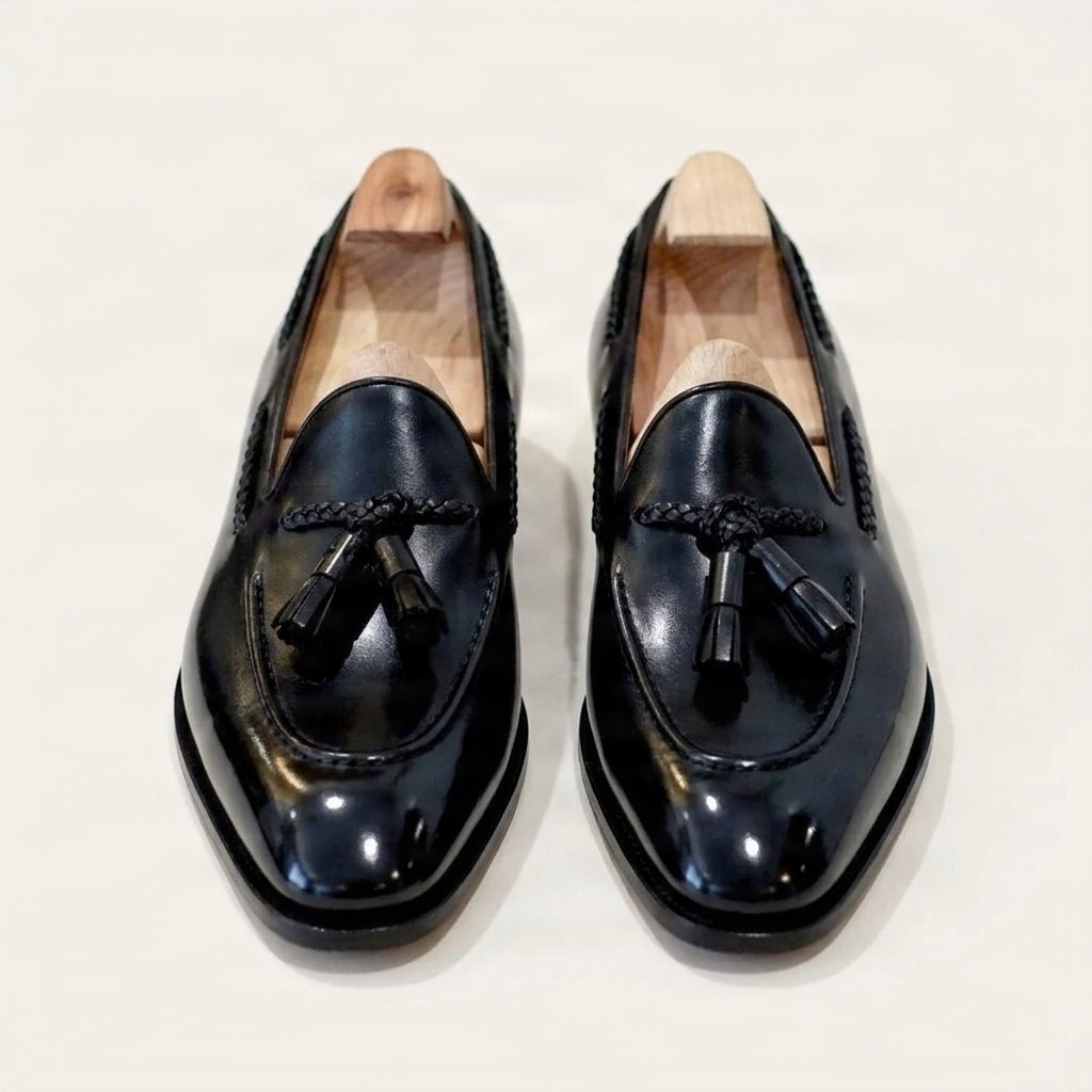 Black patent leather tassel loafers for men