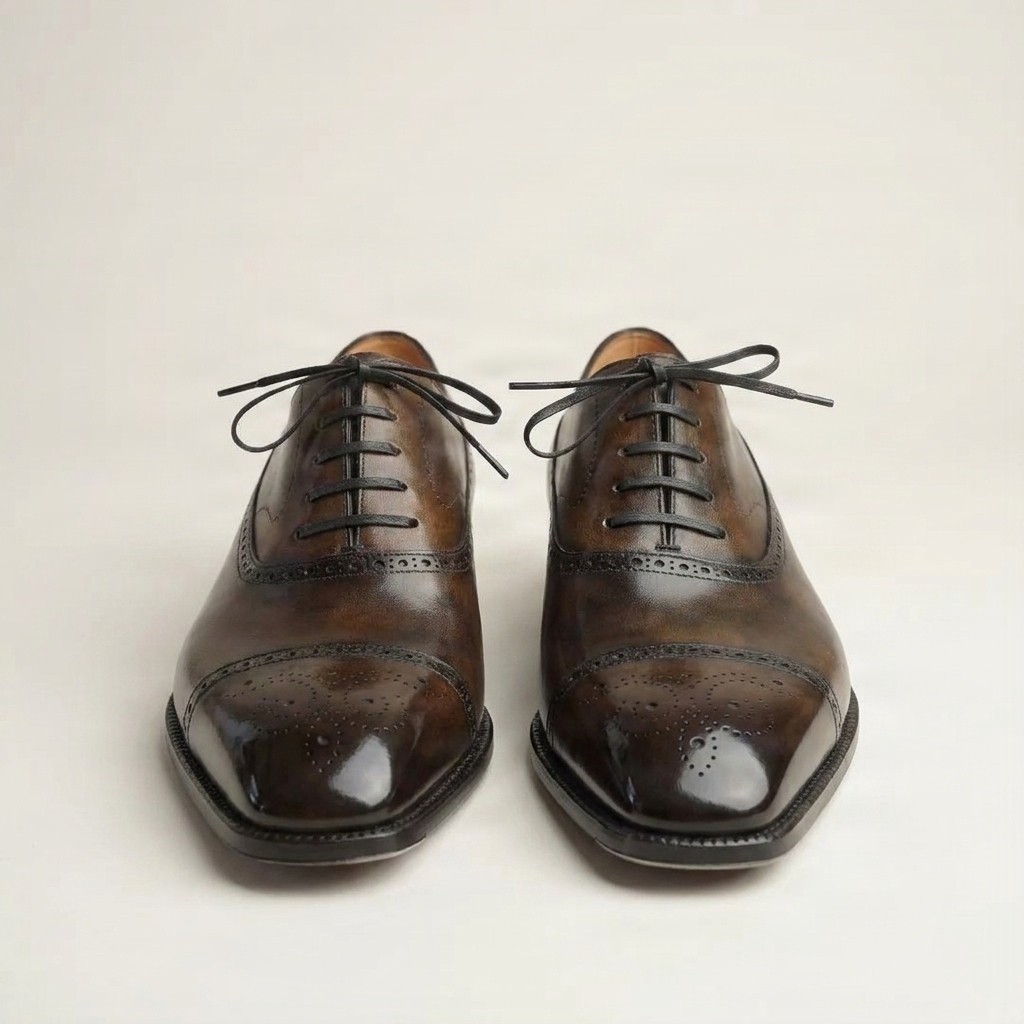 Brown leather cap toe brogues punched seams for men