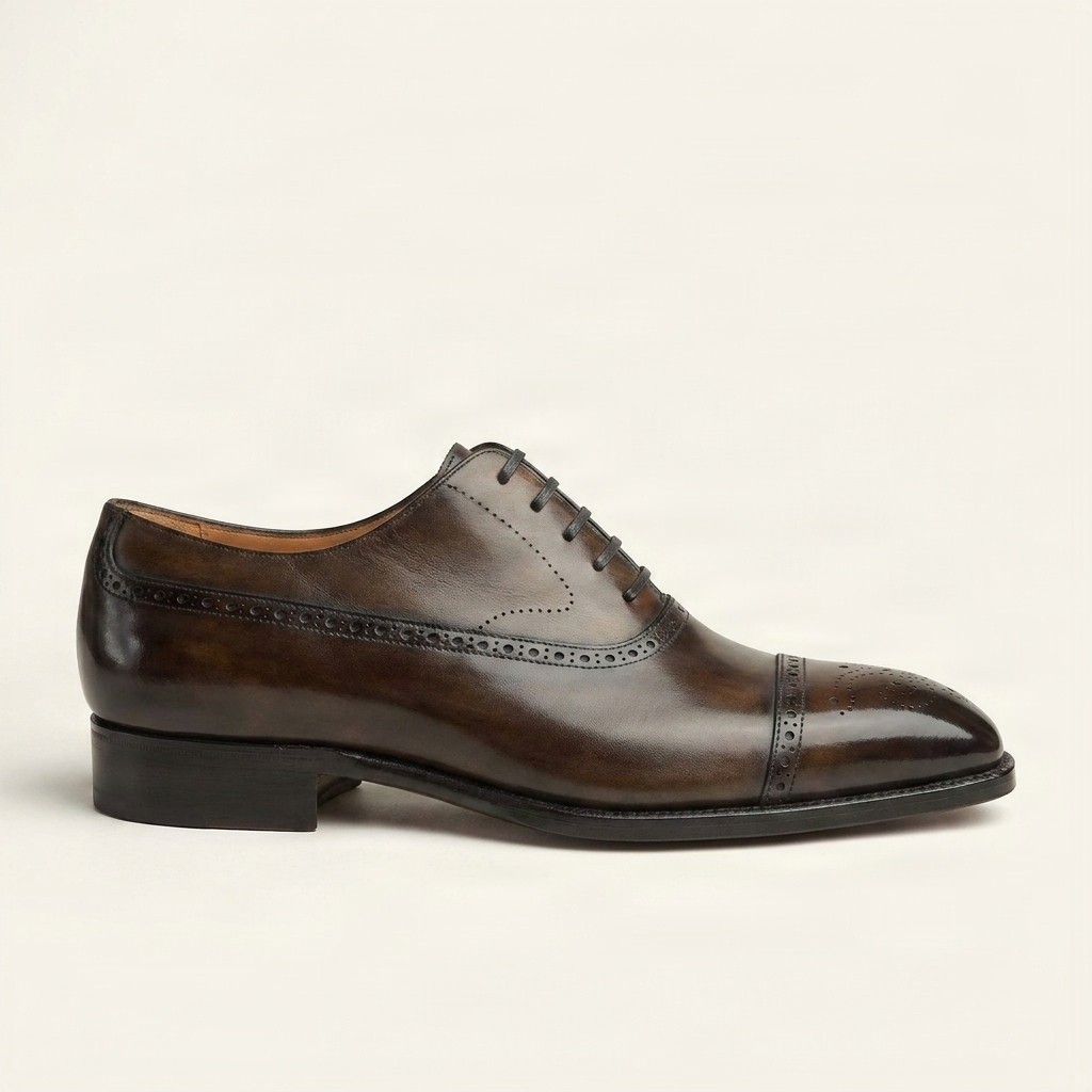 Men's brown leather cap toe brogues punched seams