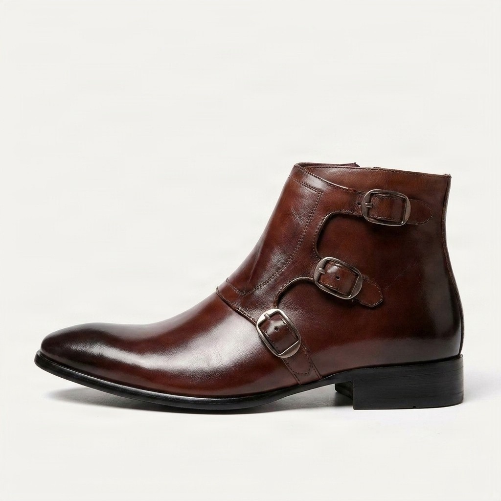 Brown leather ankle boots side zip buckle for men