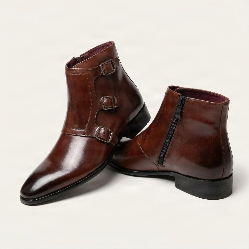 Brown leather ankle boots side zip buckle