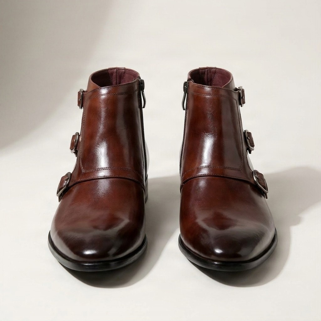 Men's leather ankle boots side zip buckle in brown