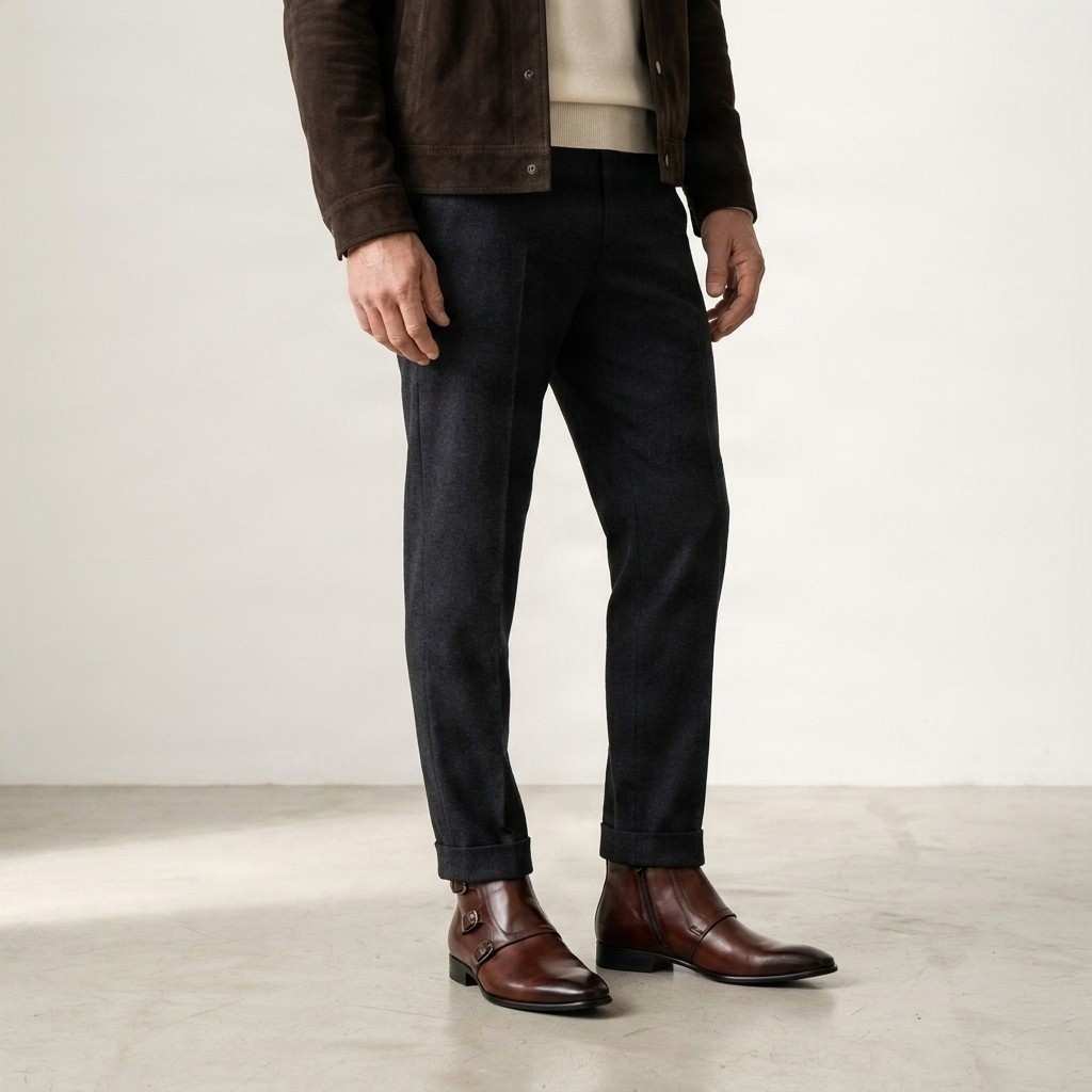 Men's brown leather ankle boots side zip buckle