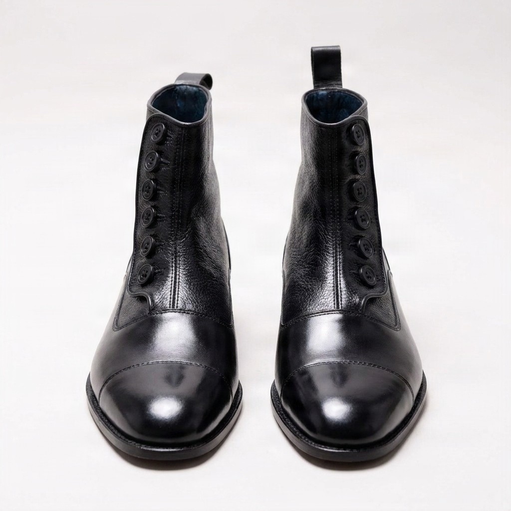 Men's black leather dress boots cap toe buttons