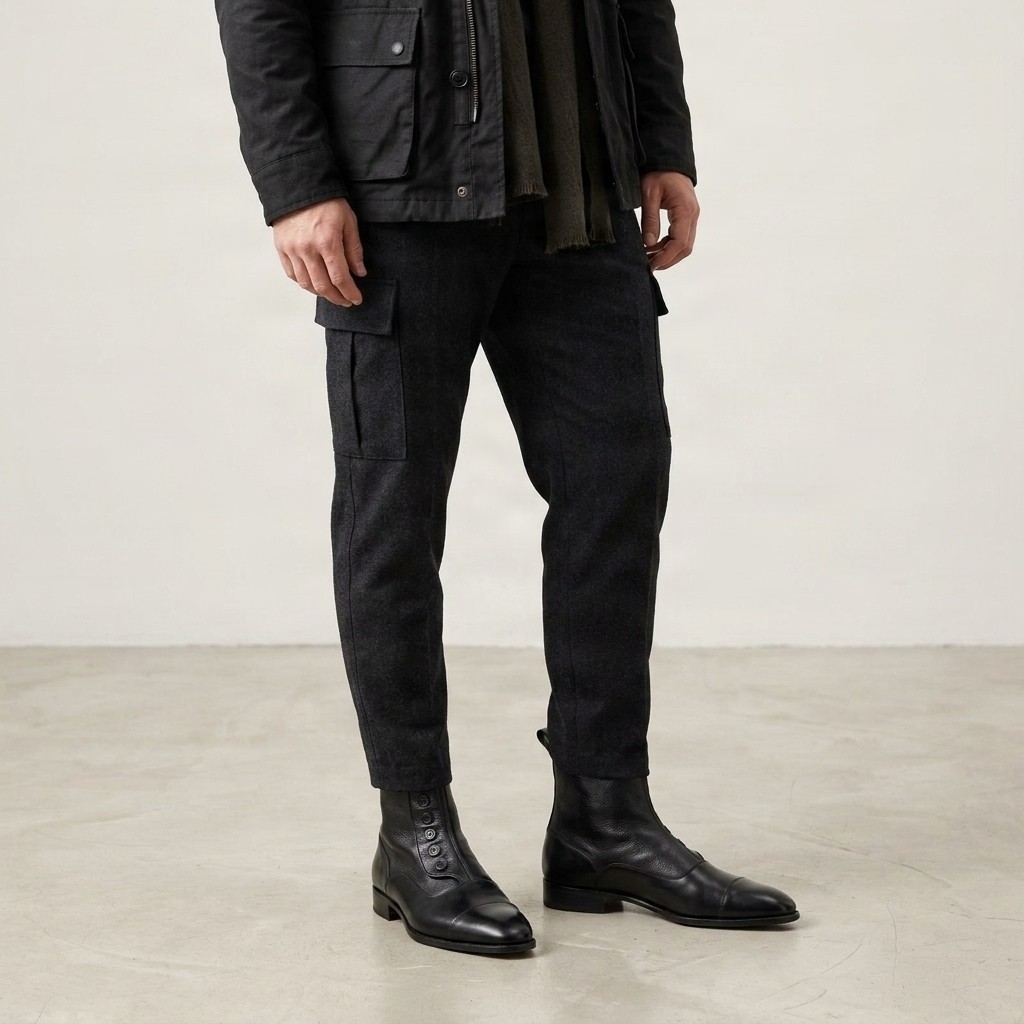 Black leather dress boots cap toe buttons for men