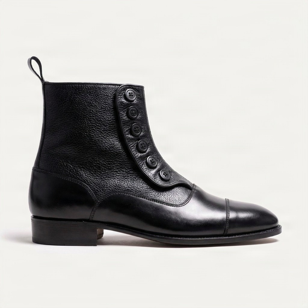 Men's leather dress boots cap toe buttons in black