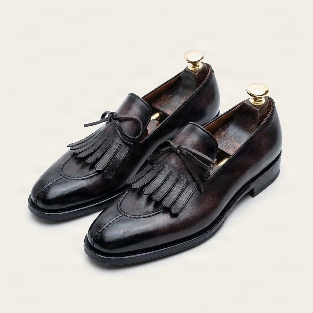 Brown leather tassel loafers split toe