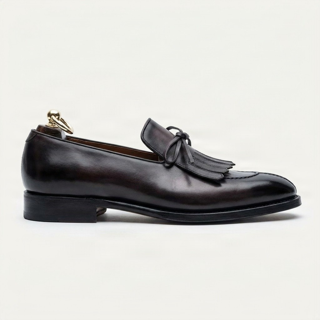 Brown leather tassel loafers split toe for men