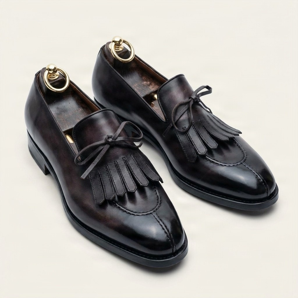 Men's leather tassel loafers split toe in brown