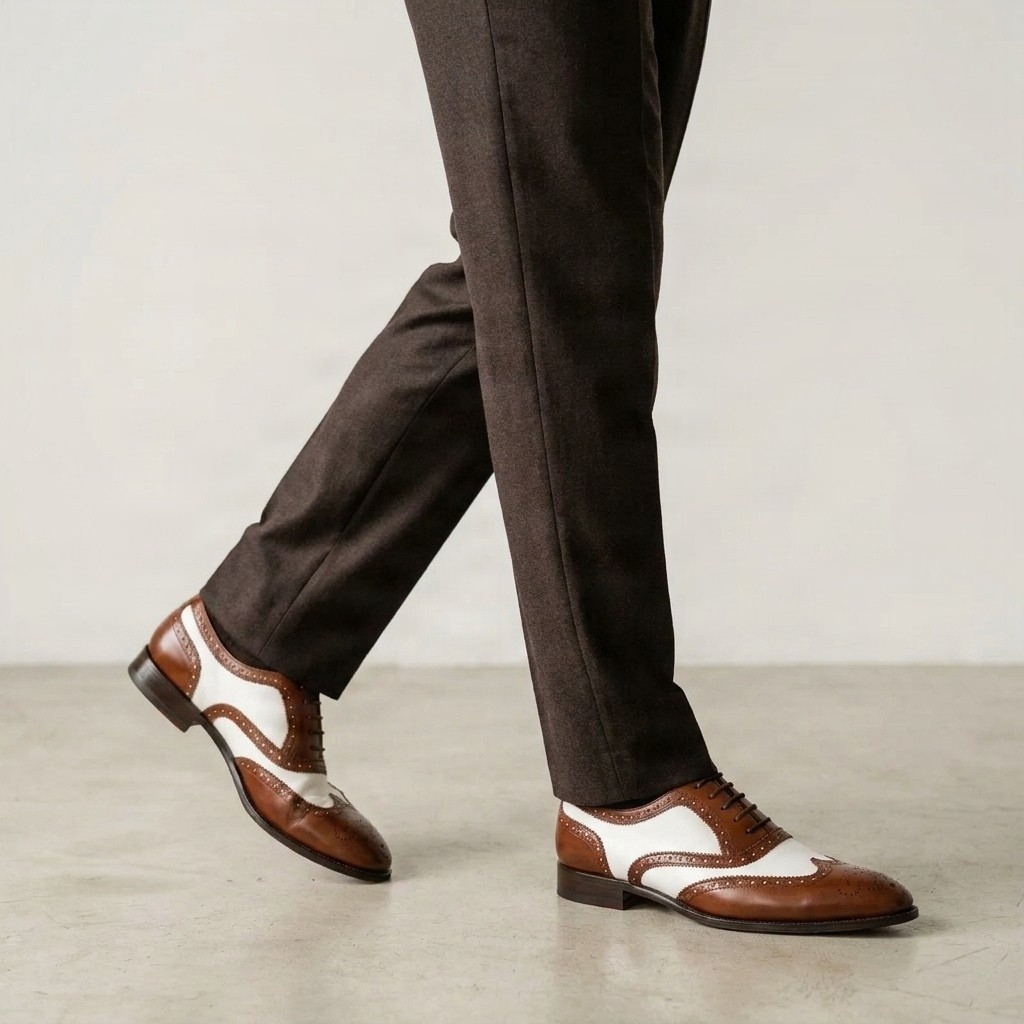 Brown and white leather brogues for men
