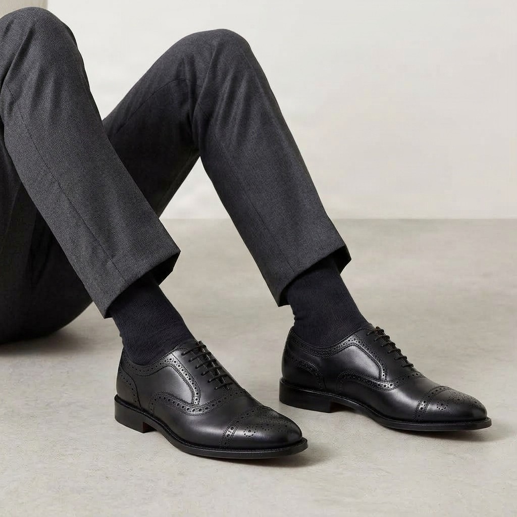 Men's black leather cap toe brogues punched seam
