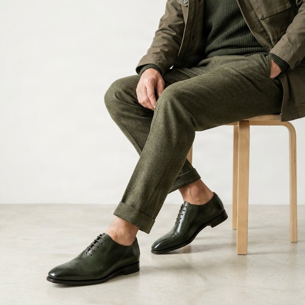 Green leather brogues medallion toe for men