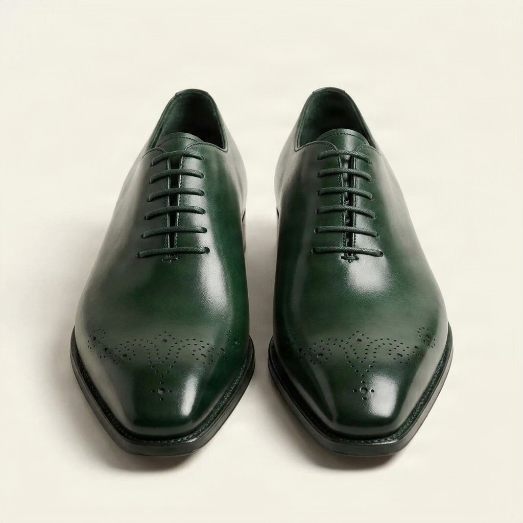 Men's green leather brogues medallion toe
