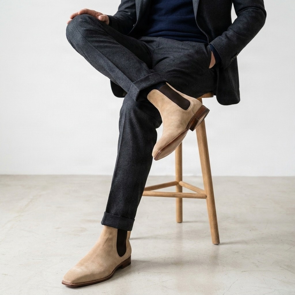 Men's beige suede chelsea boots pull on