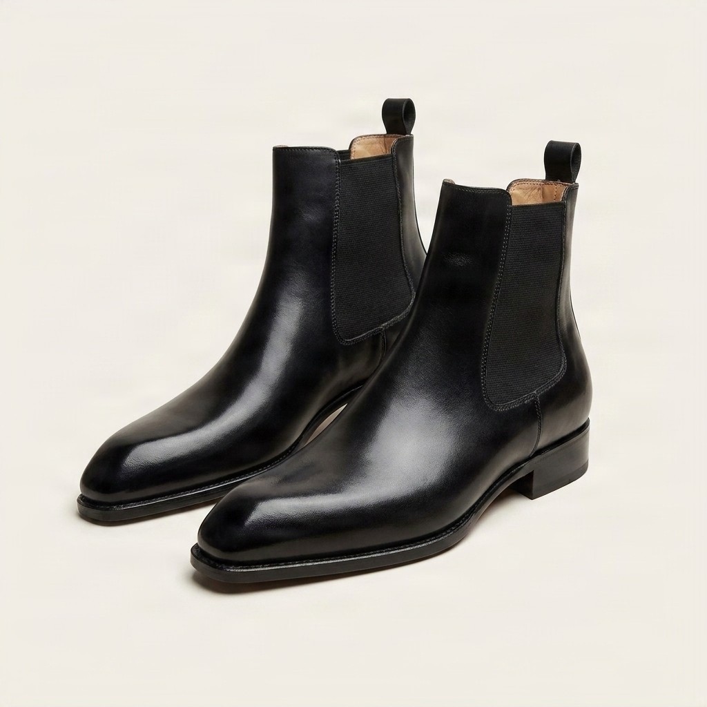 Men's black leather chelsea boots pull tab