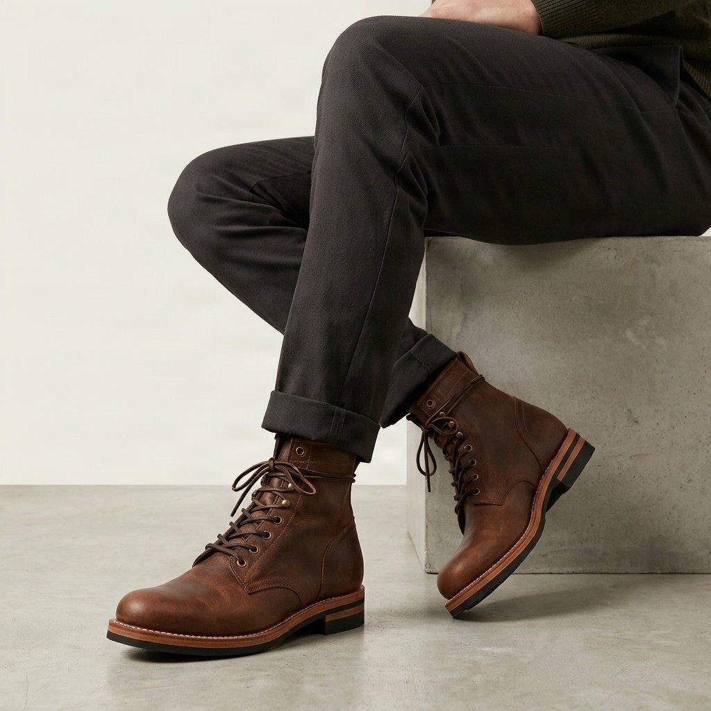 Men's leather combat boots padded in brown