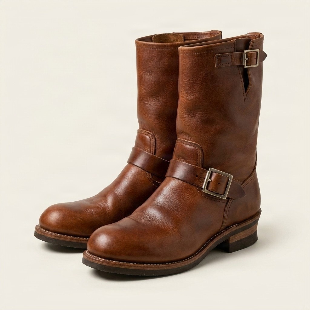 Men's leather engineer boots in cognac