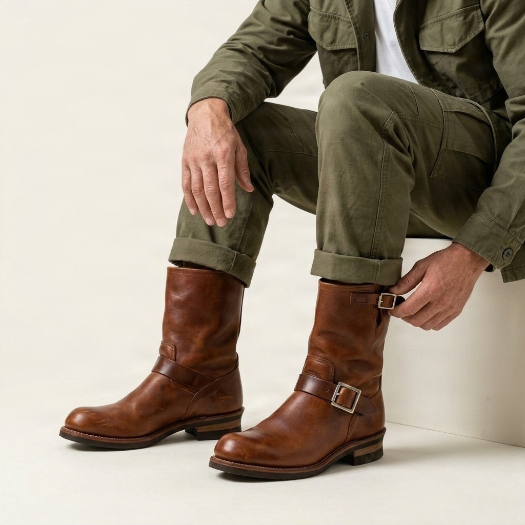 Men's cognac leather engineer boots