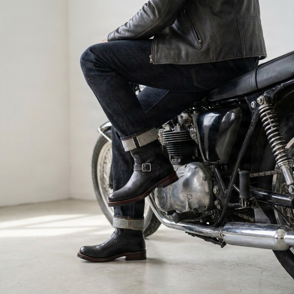 Men's leather engineer boots instep in black