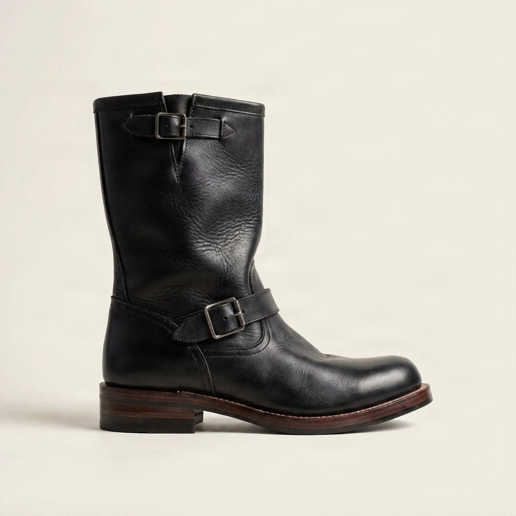 Men's black leather engineer boots instep