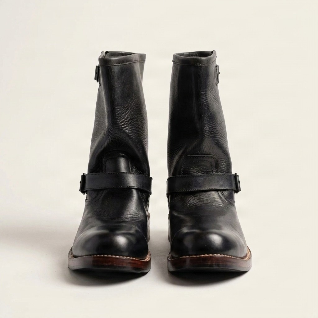 Black leather engineer boots instep for men