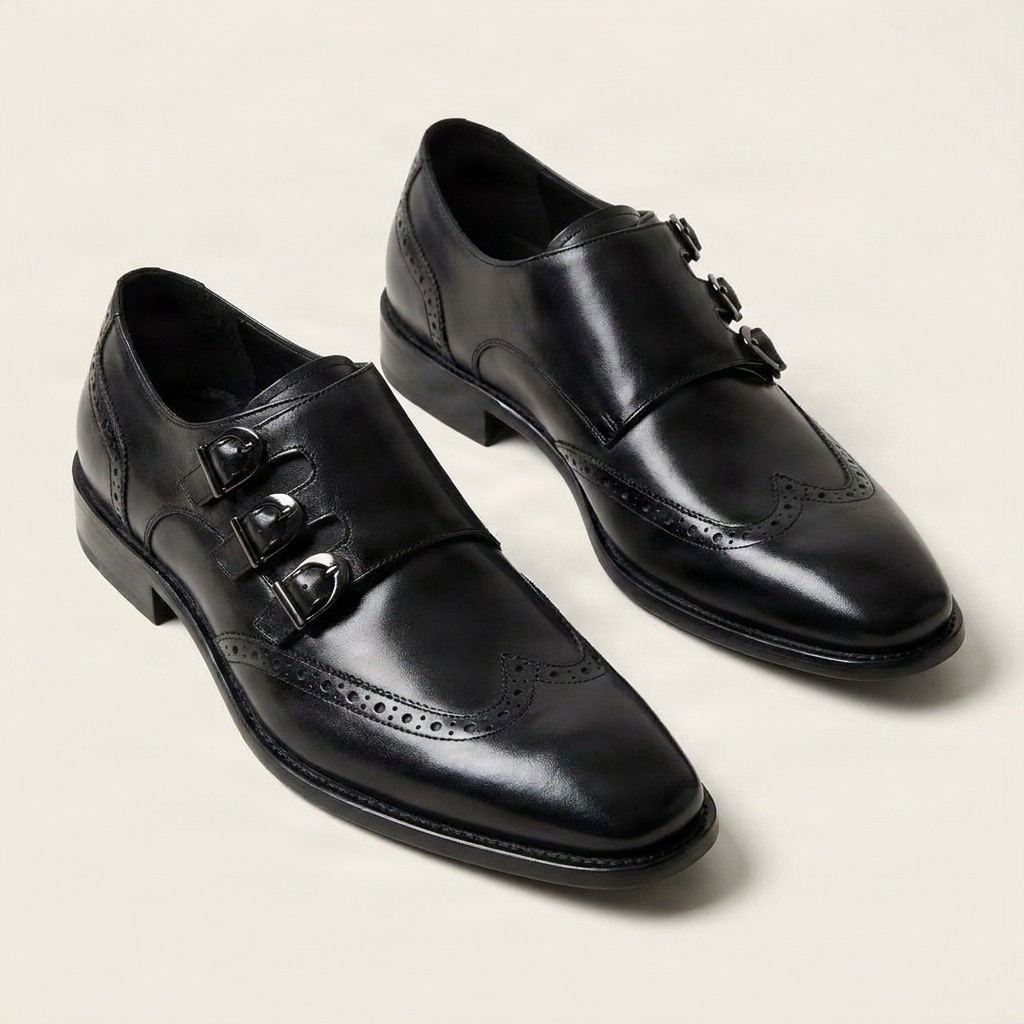 Black leather double monk strap shoes wingtip