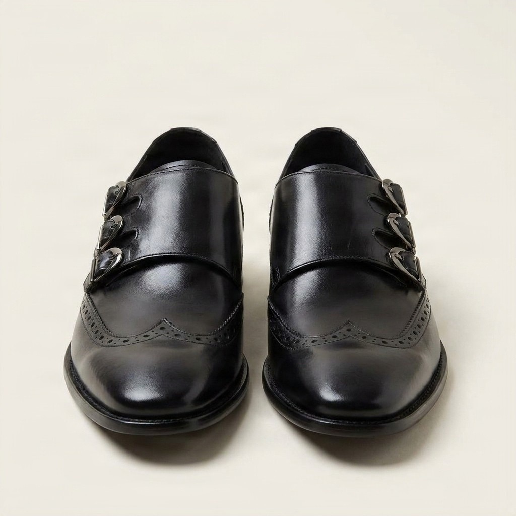 Men's leather double monk strap shoes wingtip in black