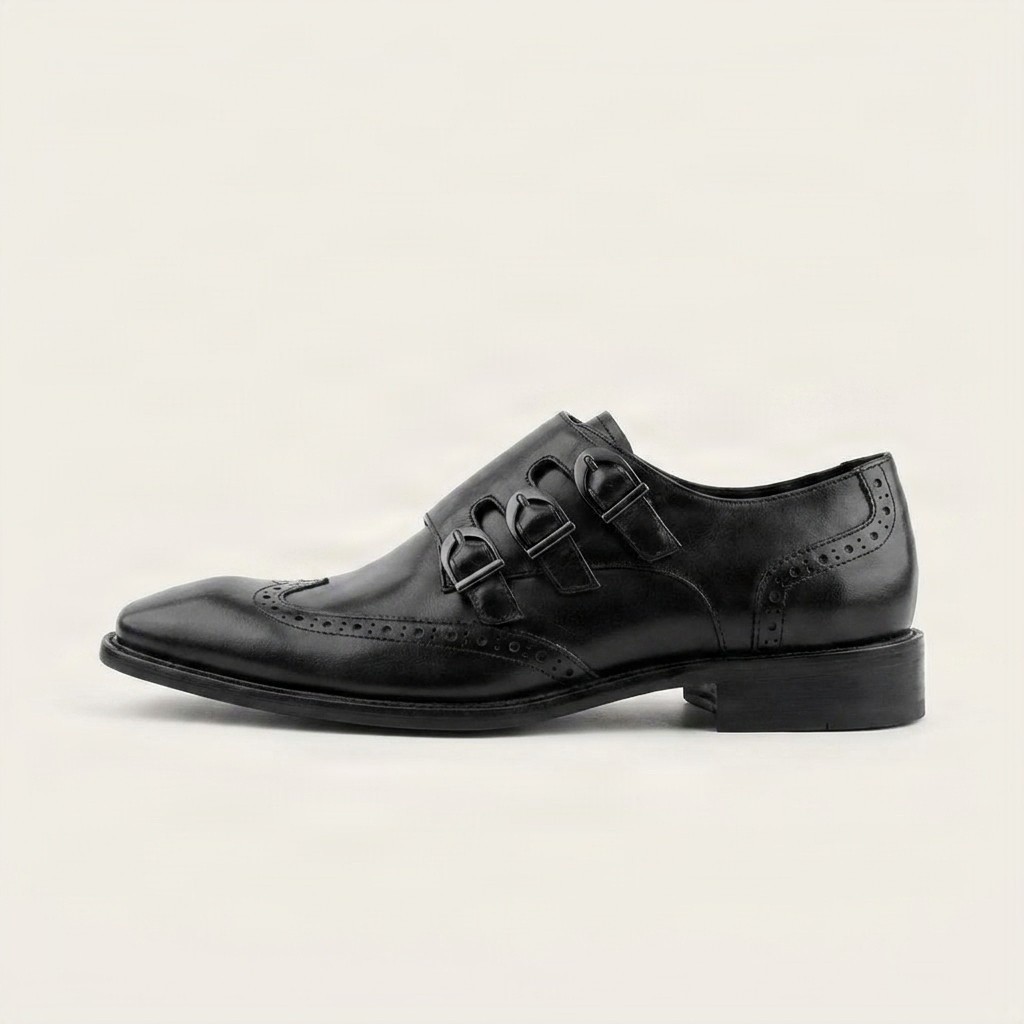 Men's black leather double monk strap shoes wingtip