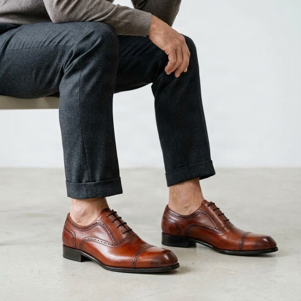 Men's cognac leather cap toe brogues medallion