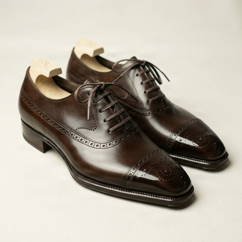 Brown leather oxford shoes cap toe square for men