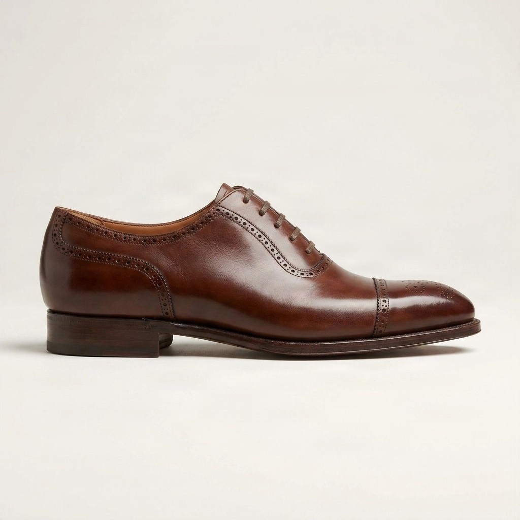 Brown leather oxford shoes cap toe round brogue for men