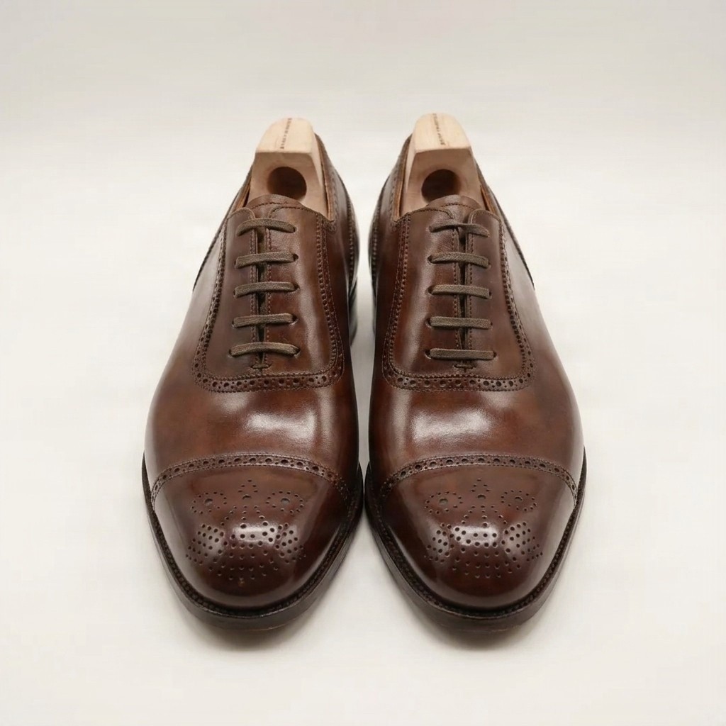 Men's brown leather oxford shoes cap toe round brogue