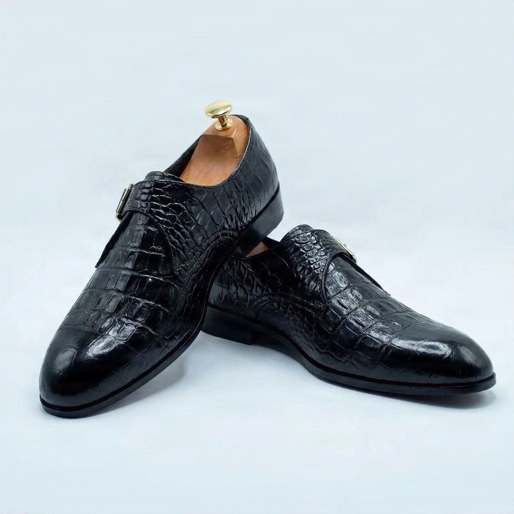Black alligator single monk shoes