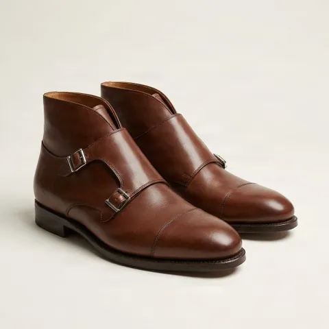 Brown leather double monk strap boots