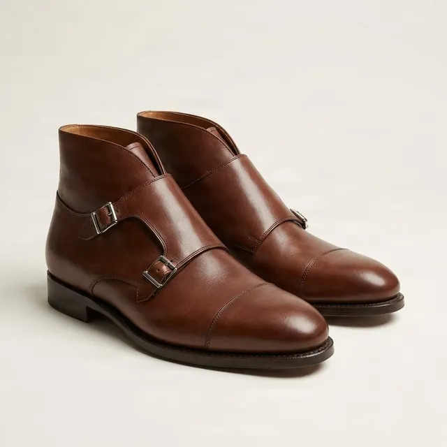 Brown leather double monk strap boots
