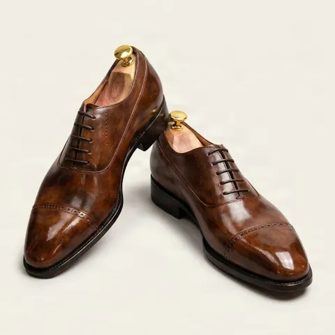 Brown leather cap toe oxfords shoes