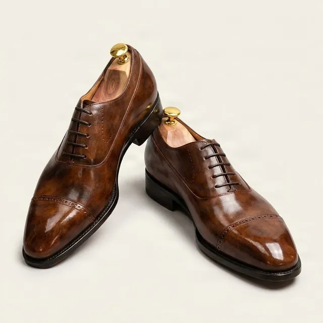 Brown leather cap toe oxfords shoes