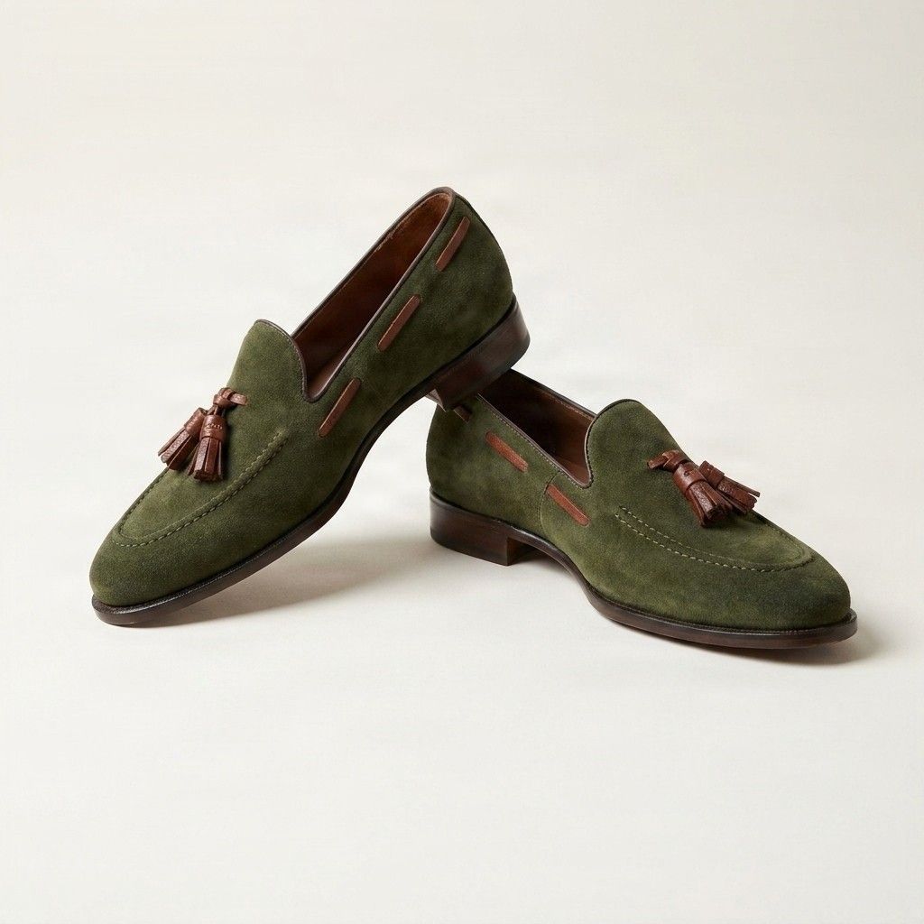 Green suede tassel loafers