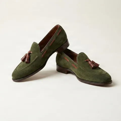 Green suede tassel loafers