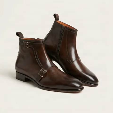 Brown leather ankle boots side zip Monk strap