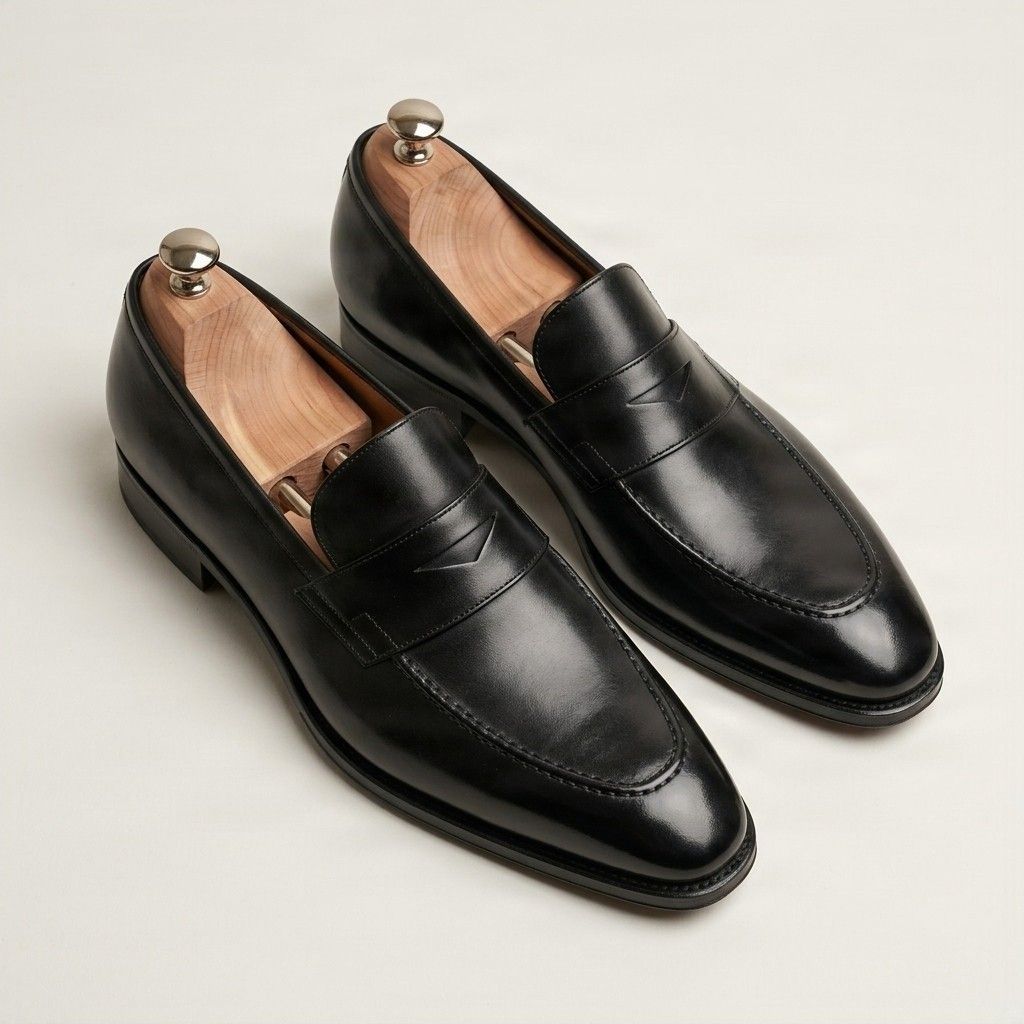 Black leather penny loafers strap