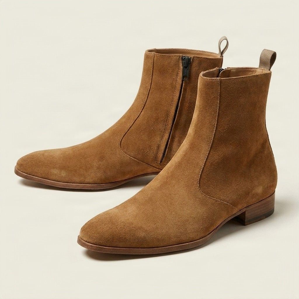Tan suede cowboy Chelsea boots side zip